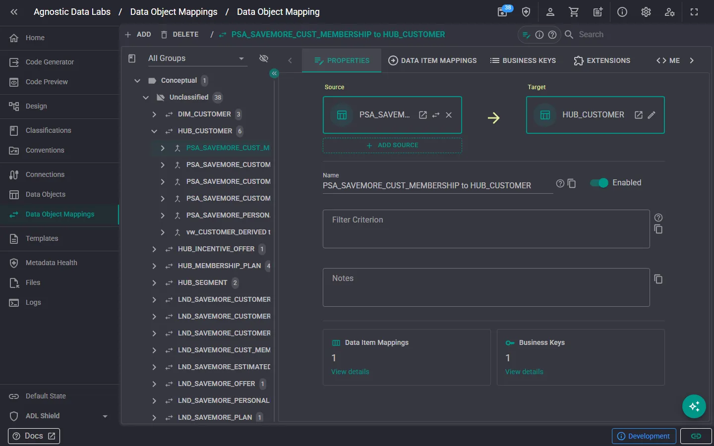 Data Object Mappings screen