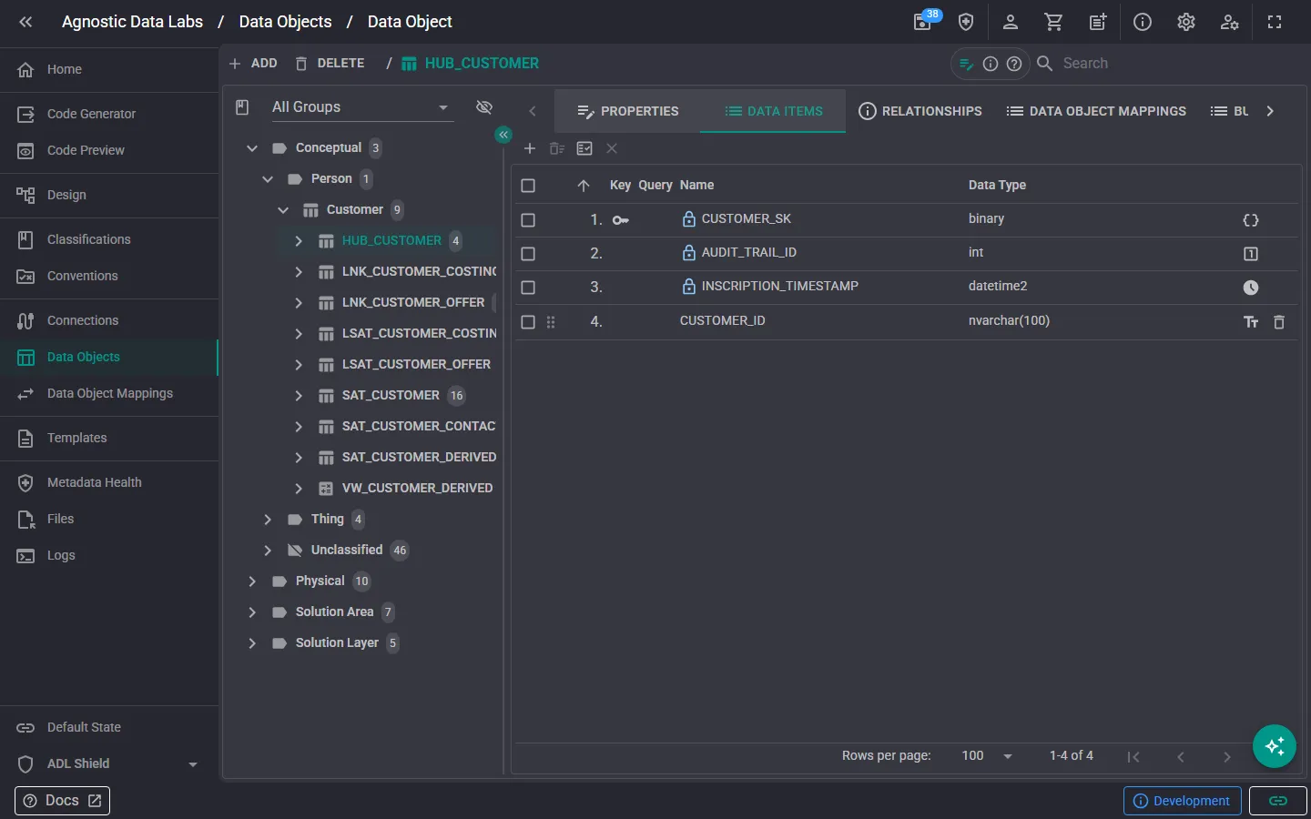 Data Objects screen