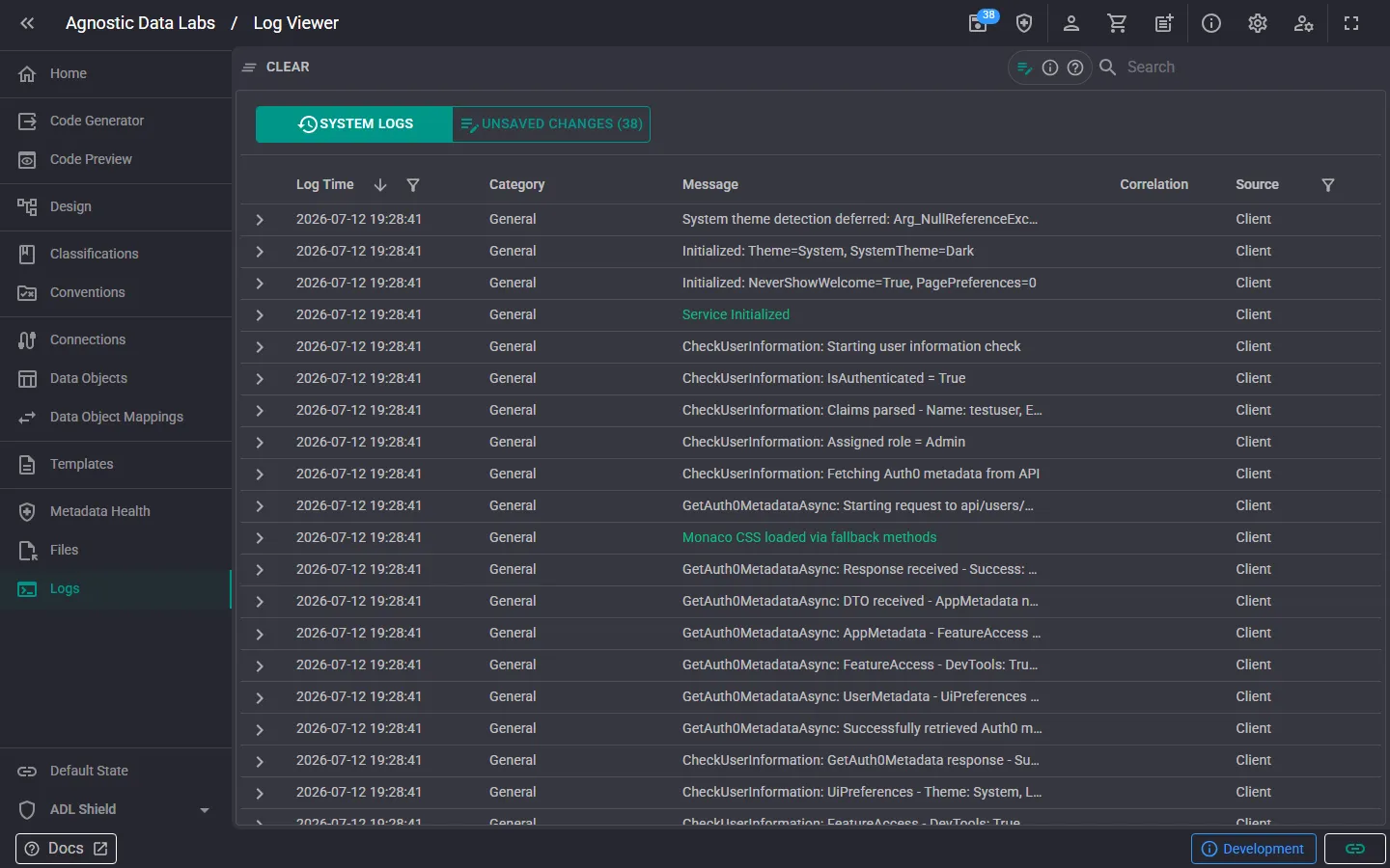 Logs screen