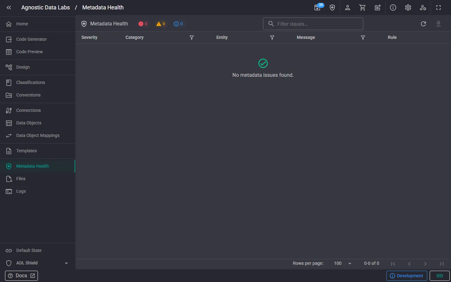 Metadata Health screen — a clean validation run Metadata Health screen